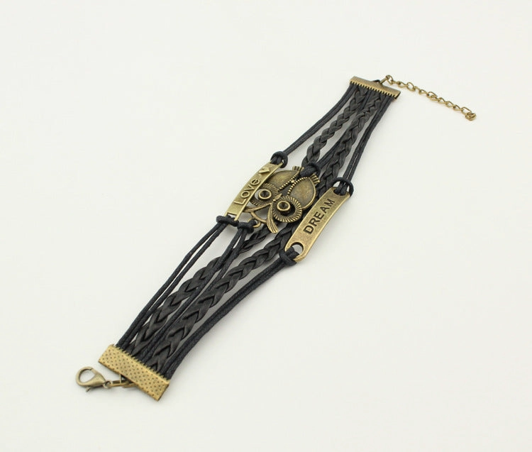 Wholesale Multiple Leather Rope Accessories Braided Big Eyed Owl Bracelet