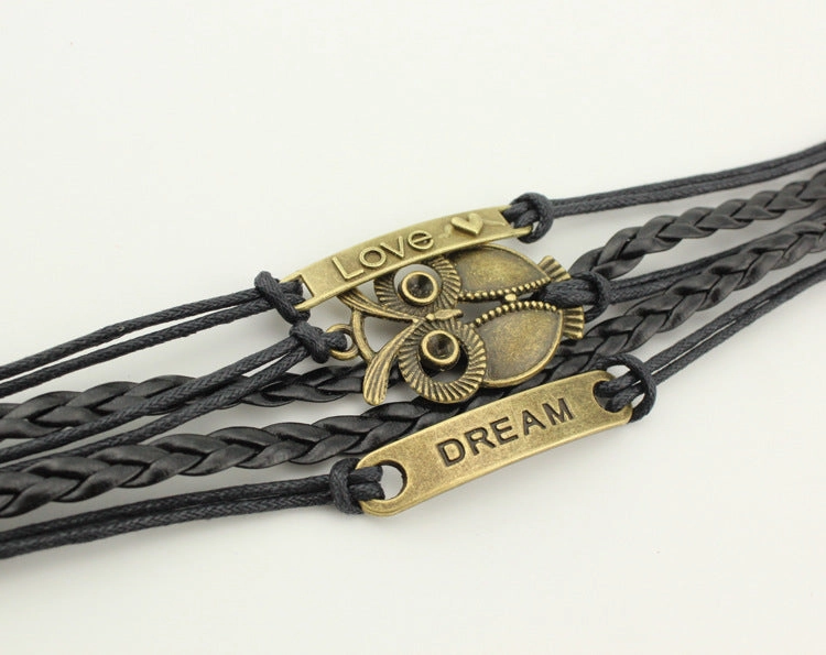 Wholesale Multiple Leather Rope Accessories Braided Big Eyed Owl Bracelet