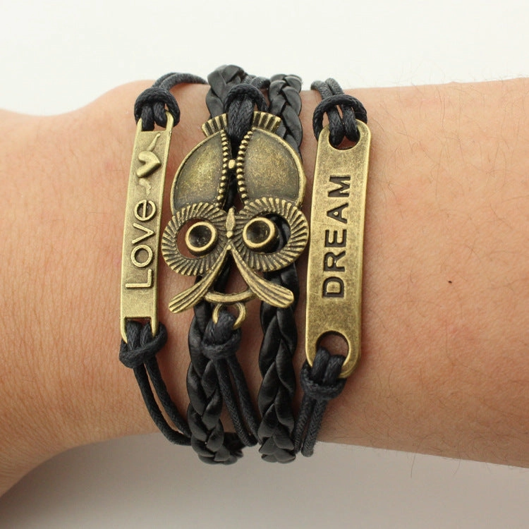 Wholesale Multiple Leather Rope Accessories Braided Big Eyed Owl Bracelet