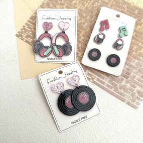 Wholesale Music Festival Earphone Disc Three-piece Set Music Note Acrylic Contrast Color Earrings