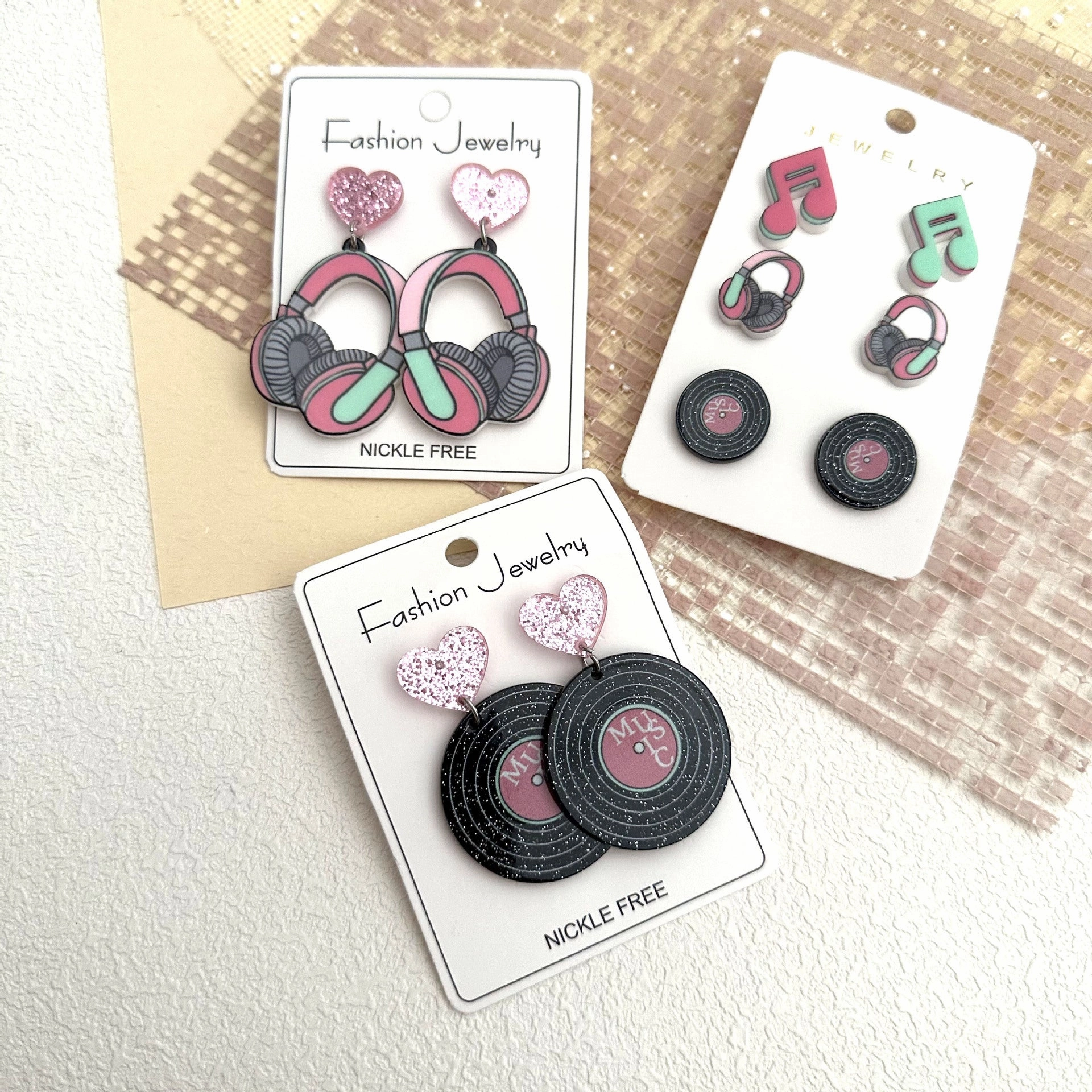 Wholesale Music Festival Earphone Disc Three-piece Set Music Note Acrylic Contrast Color Earrings