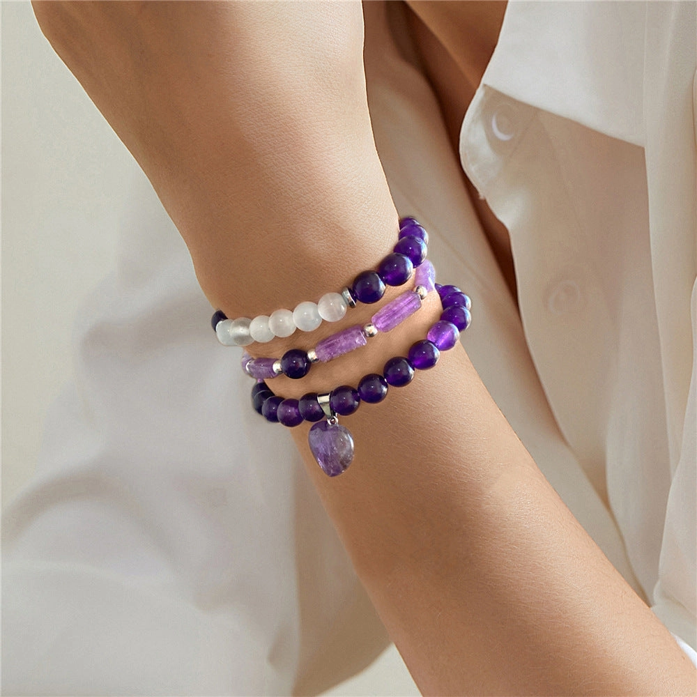 Wholesale Natural Amethyst Rectangular Bar Amethyst Stone Bead Love Pendant Set Combination Bracelet