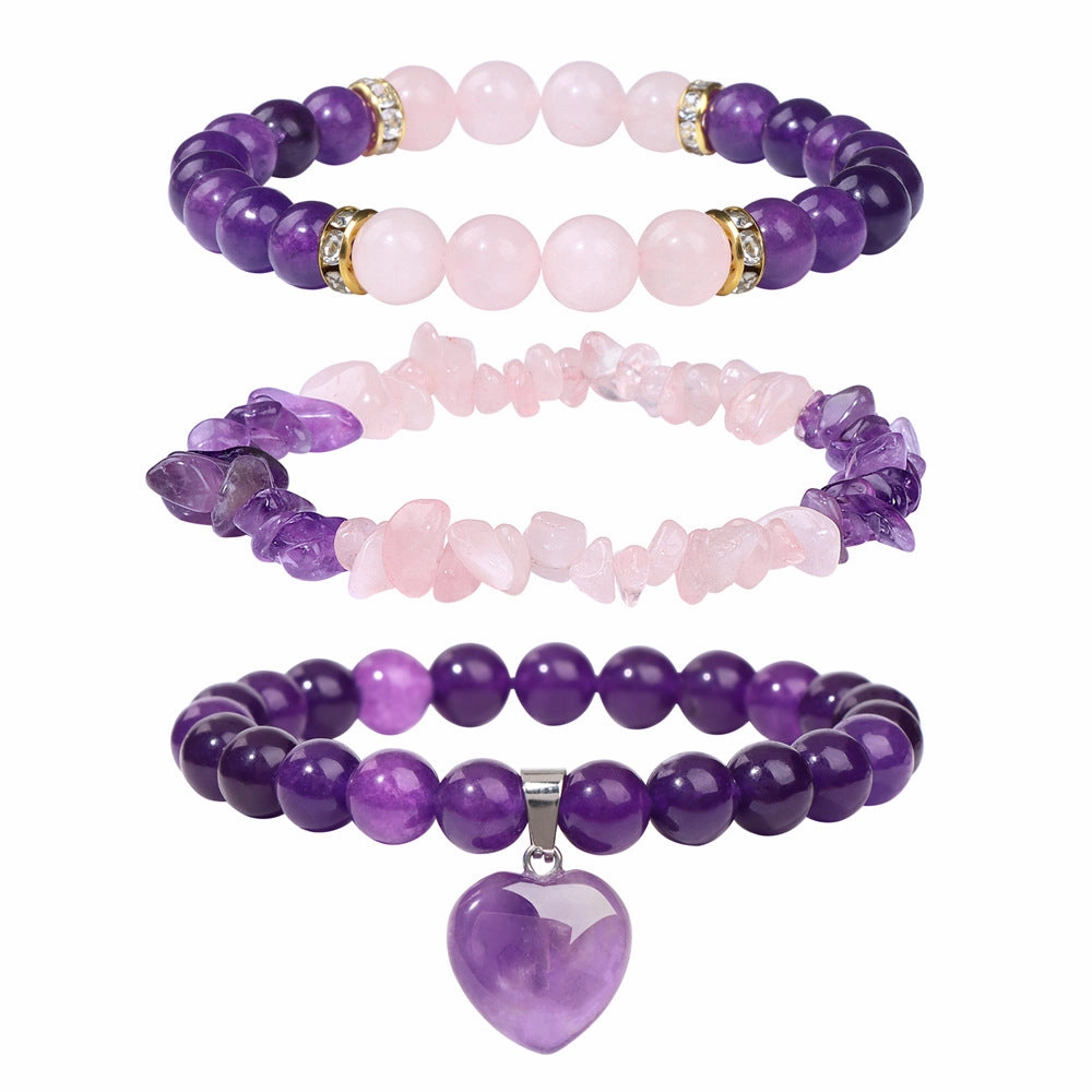 Wholesale Natural Amethyst Rectangular Bar Amethyst Stone Bead Love Pendant Set Combination Bracelet