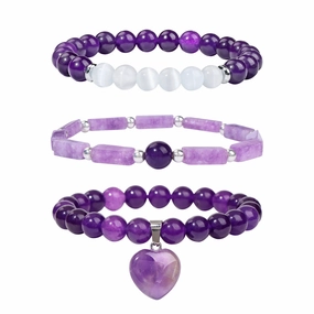 Wholesale Natural Amethyst Rectangular Bar Amethyst Stone Bead Love Pendant Set Combination Bracelet