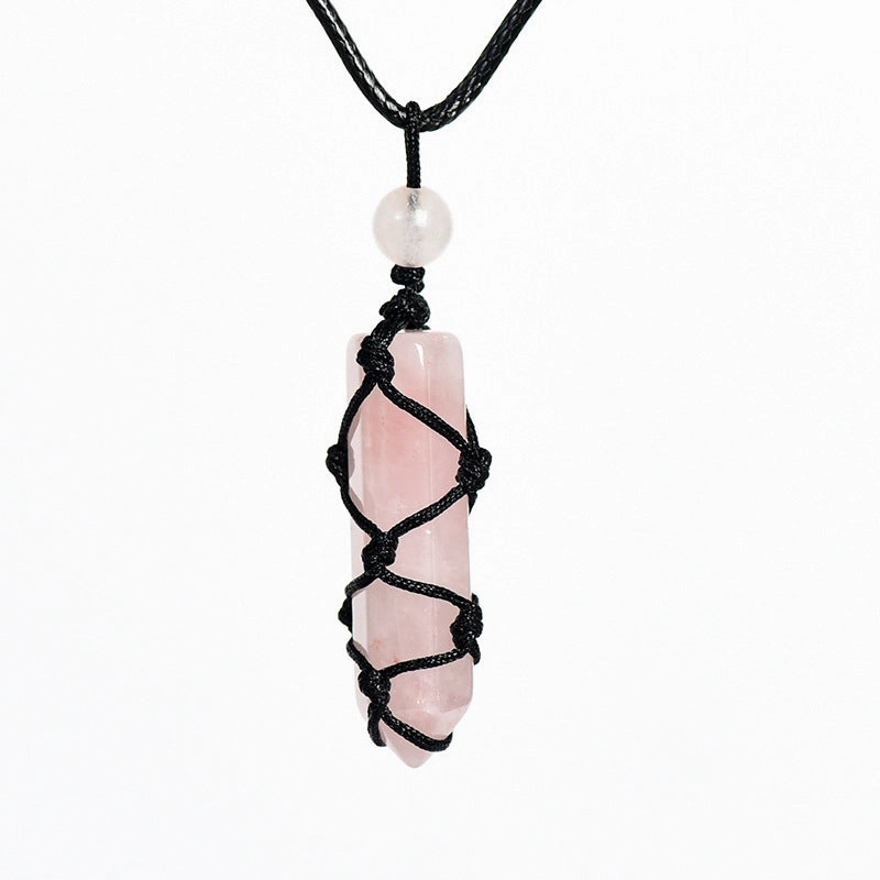 Wholesale Natural Crystal Original Stone Net Pocket Crystal Hexagonal Prism Pendant Necklace