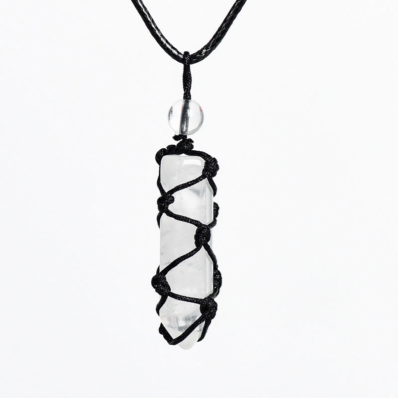 Wholesale Natural Crystal Original Stone Net Pocket Crystal Hexagonal Prism Pendant Necklace