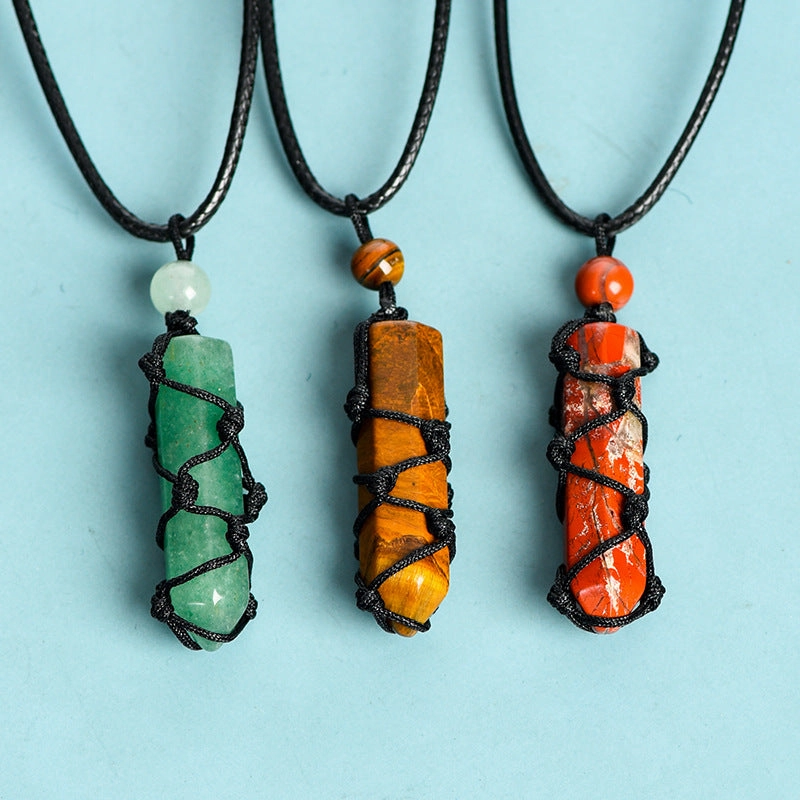 Wholesale Natural Crystal Original Stone Net Pocket Crystal Hexagonal Prism Pendant Necklace