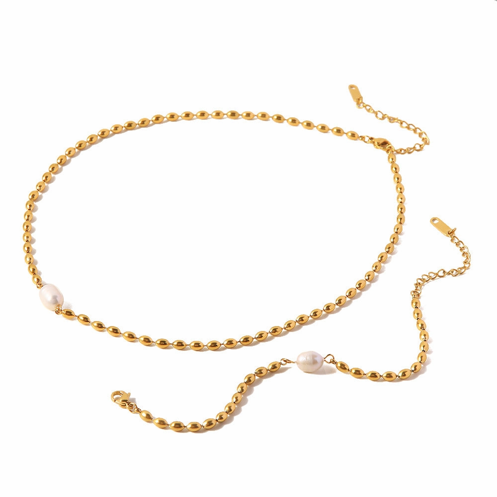 Wholesale Natural Freshwater Pearl Oval Golden Peas Titanium Steel Bracelet