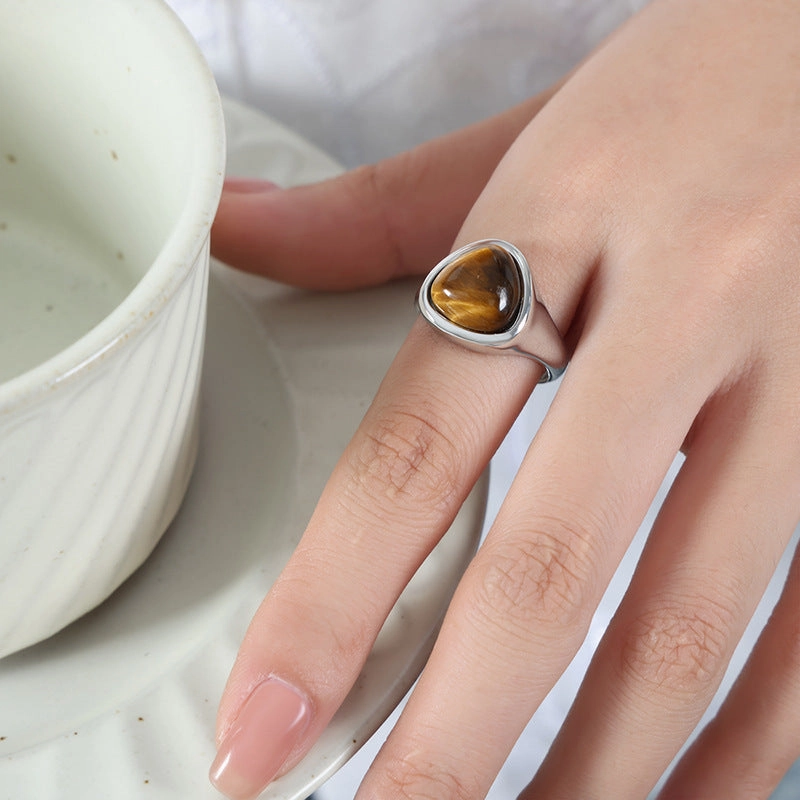 Wholesale Natural rose quartz natural tiger eye vintage titanium steel ring