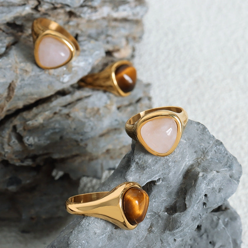 Wholesale Natural rose quartz natural tiger eye vintage titanium steel ring