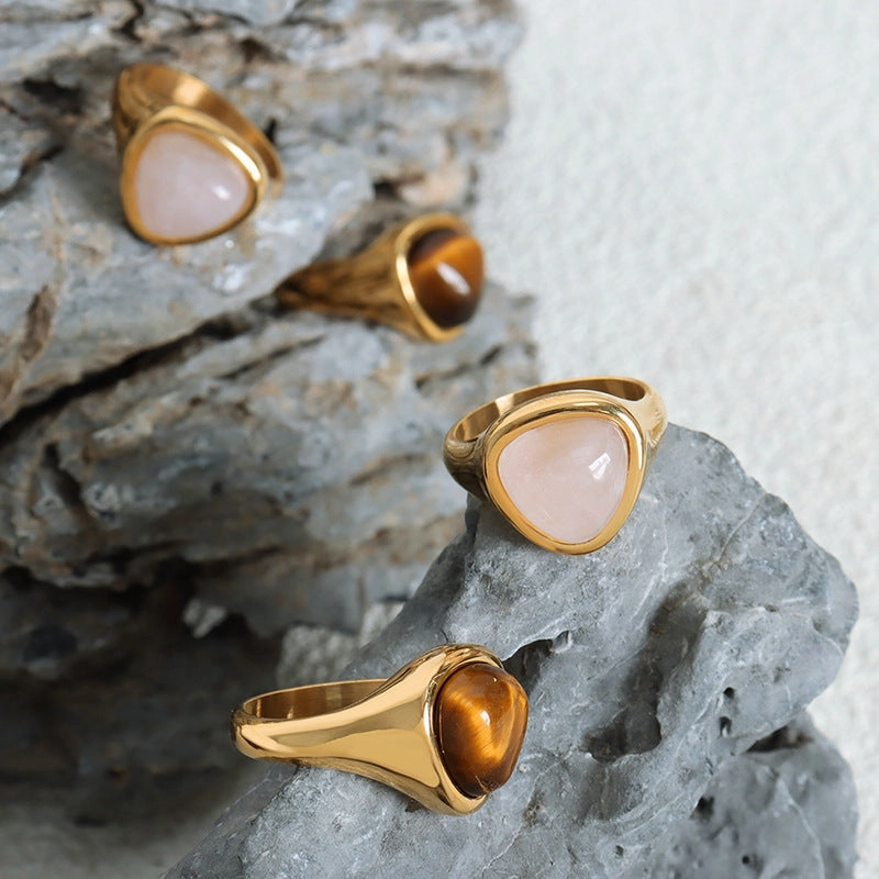 Wholesale Natural Rose Quartz Tiger Eye Stone Retro Couple Rings Titanium Steel Ring