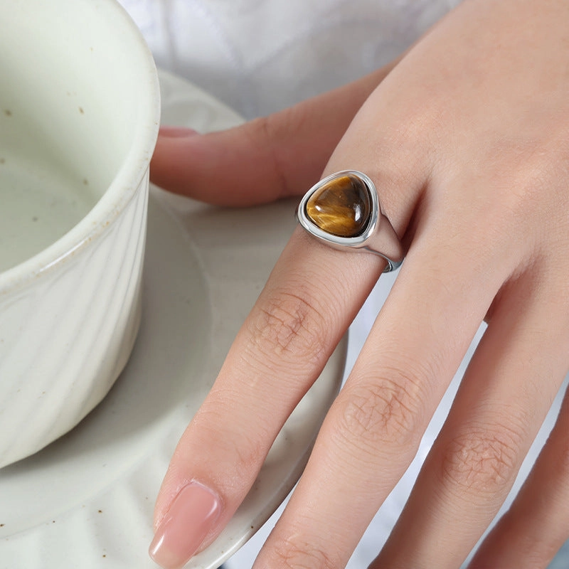 Wholesale Natural Rose Quartz Tiger Eye Stone Retro Couple Rings Titanium Steel Ring