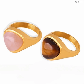 Wholesale Natural Rose Quartz Tiger Eye Stone Retro Couple Rings Titanium Steel Ring