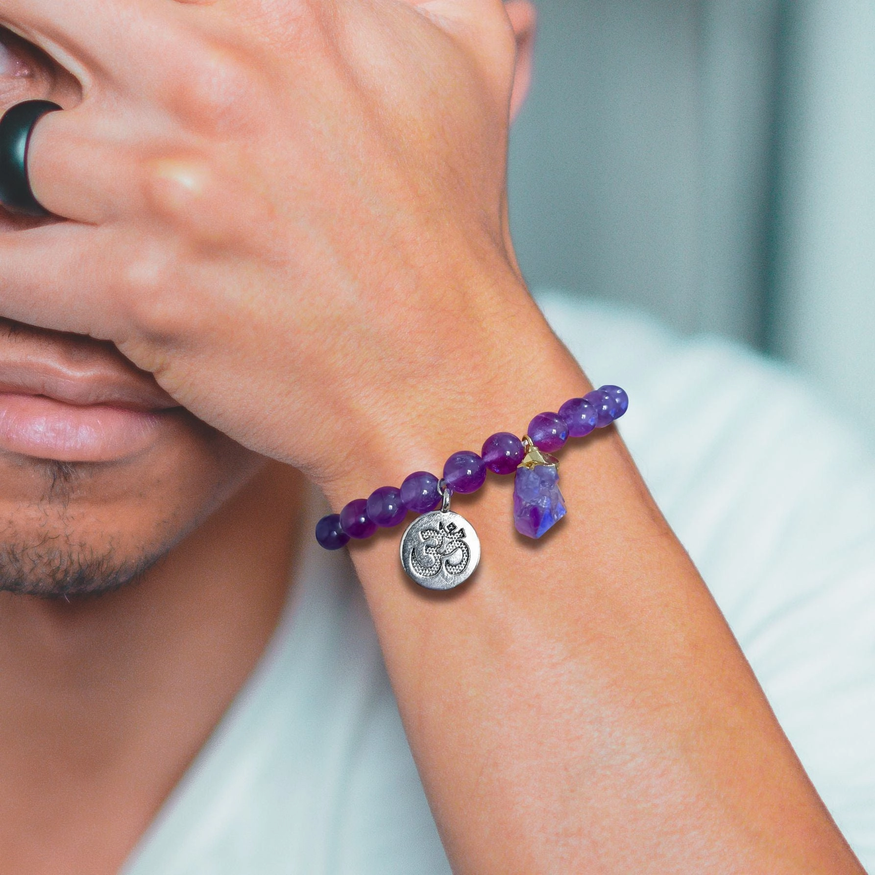 Wholesale Natural Stone Amethyst Beads Pendant Alloy Accessories Bracelet