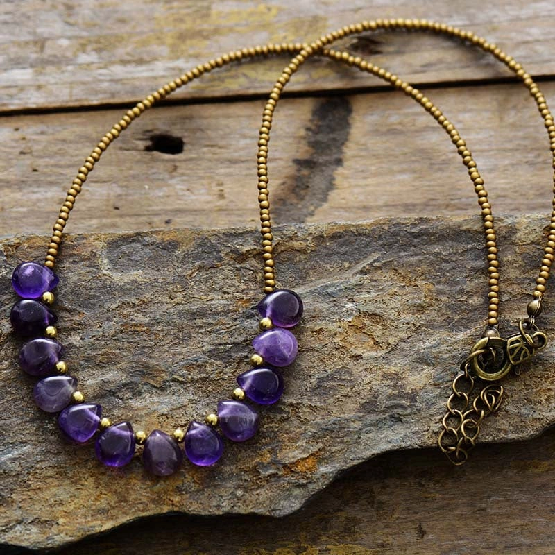 Wholesale Natural Stone Amethyst Pendant Water Drop Rice Beads Clavicle Necklace