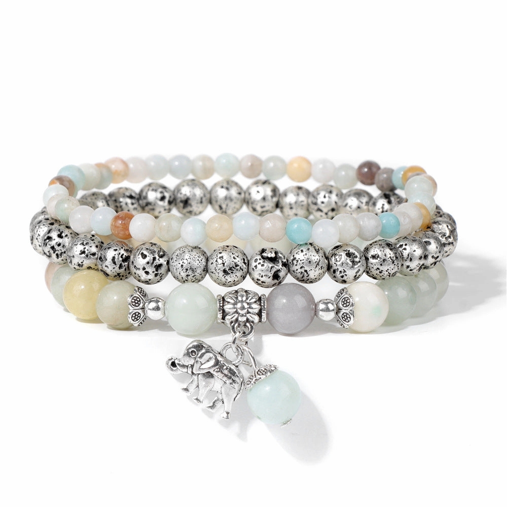 Wholesale Natural Stone Beads Electroplated Volcanic Stone Beads Elephant Pendant Three Layers Bracelet