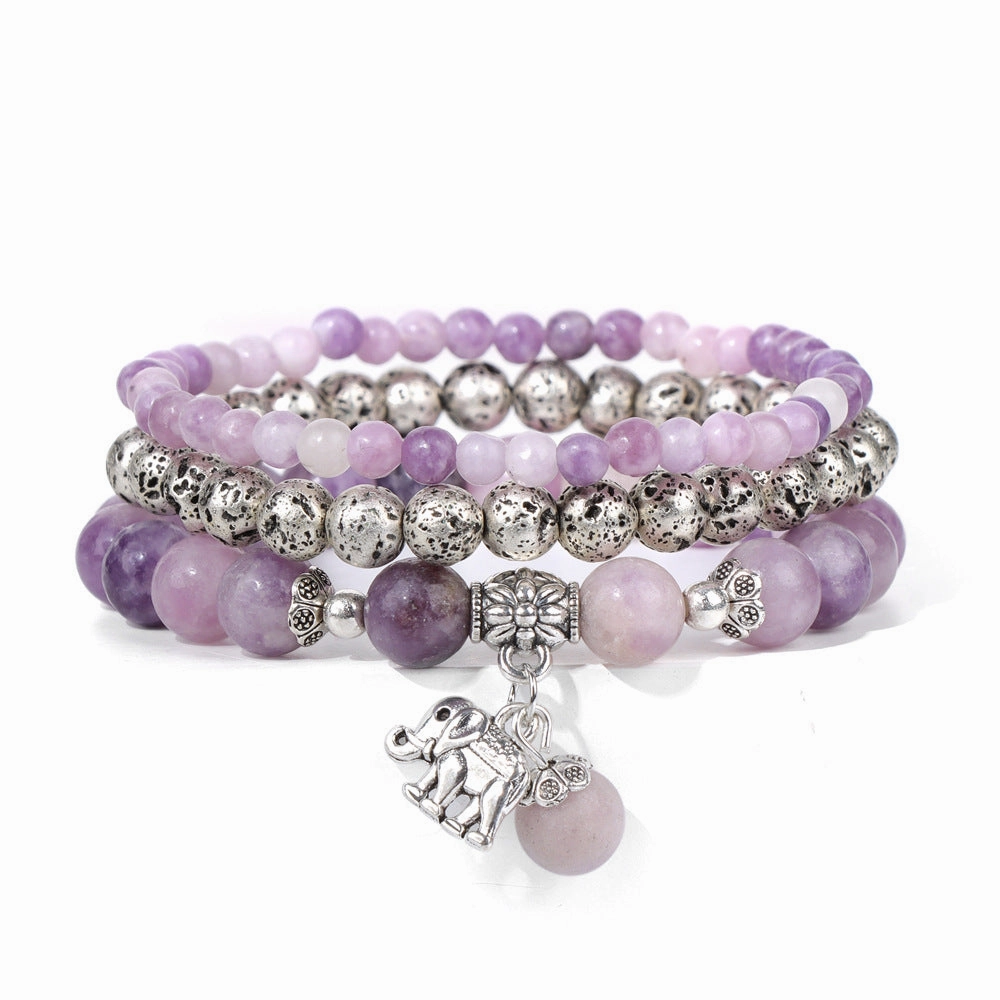 Wholesale Natural Stone Beads Electroplated Volcanic Stone Beads Elephant Pendant Three Layers Bracelet