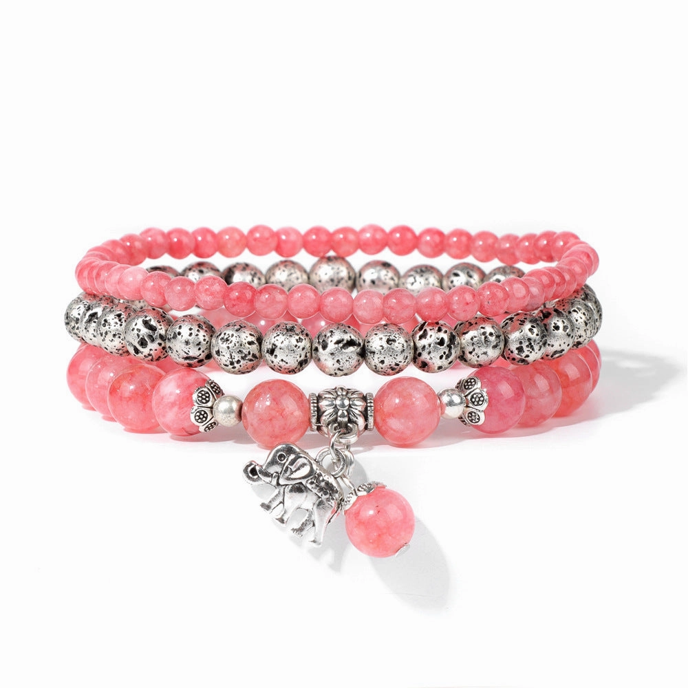 Wholesale Natural Stone Beads Electroplated Volcanic Stone Beads Elephant Pendant Three Layers Bracelet