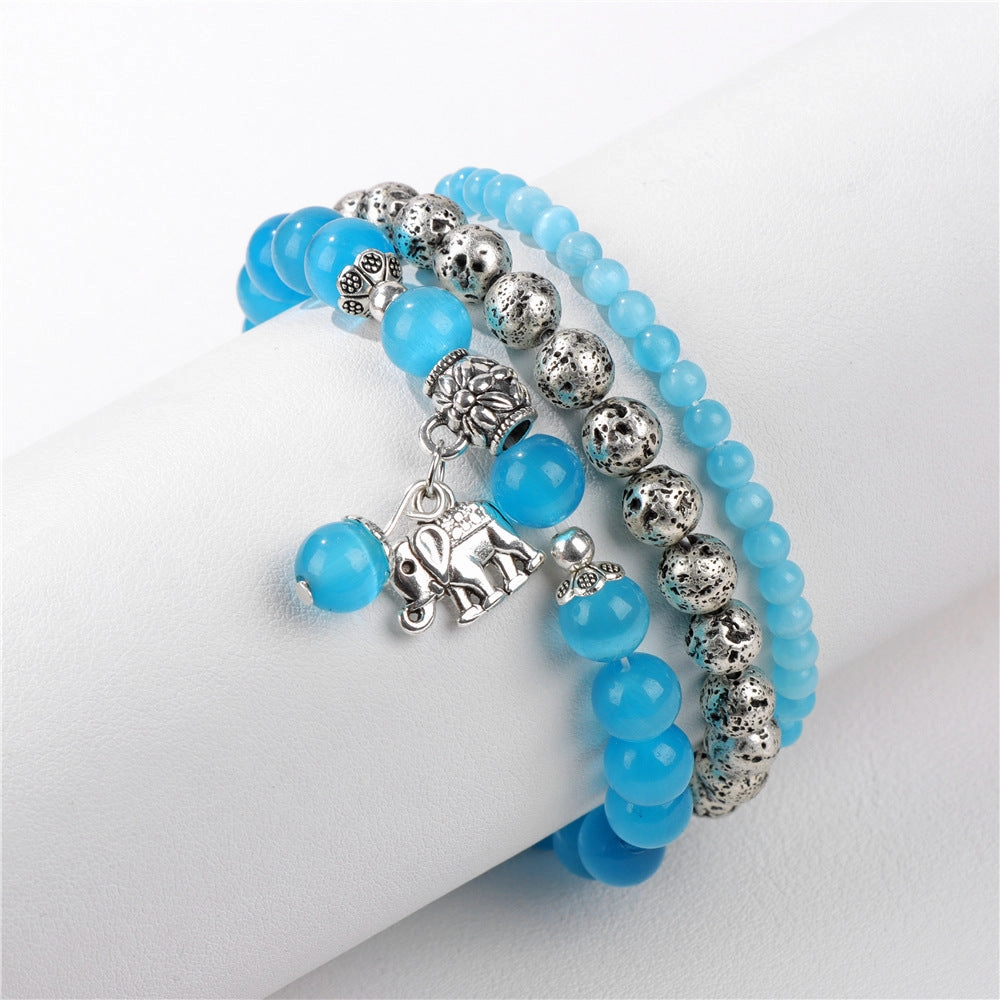 Wholesale Natural Stone Beads Electroplated Volcanic Stone Beads Elephant Pendant Three Layers Bracelet