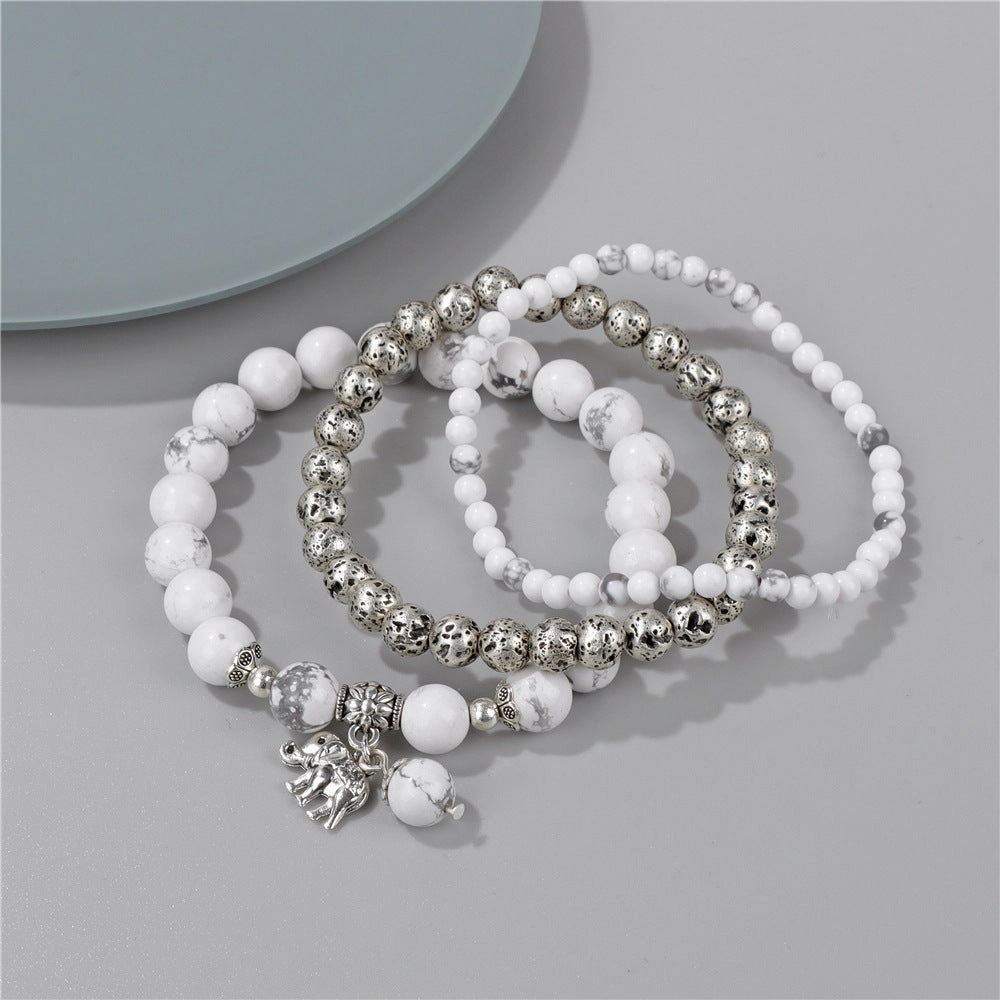 Wholesale Natural Stone Beads Electroplated Volcanic Stone Beads Elephant Pendant Three Layers Bracelet