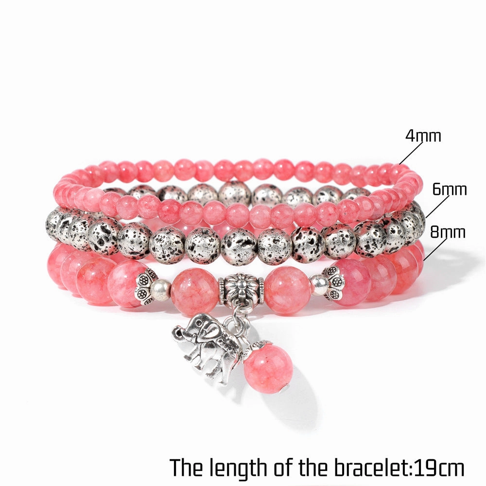 Wholesale Natural Stone Beads Electroplated Volcanic Stone Beads Elephant Pendant Three Layers Bracelet