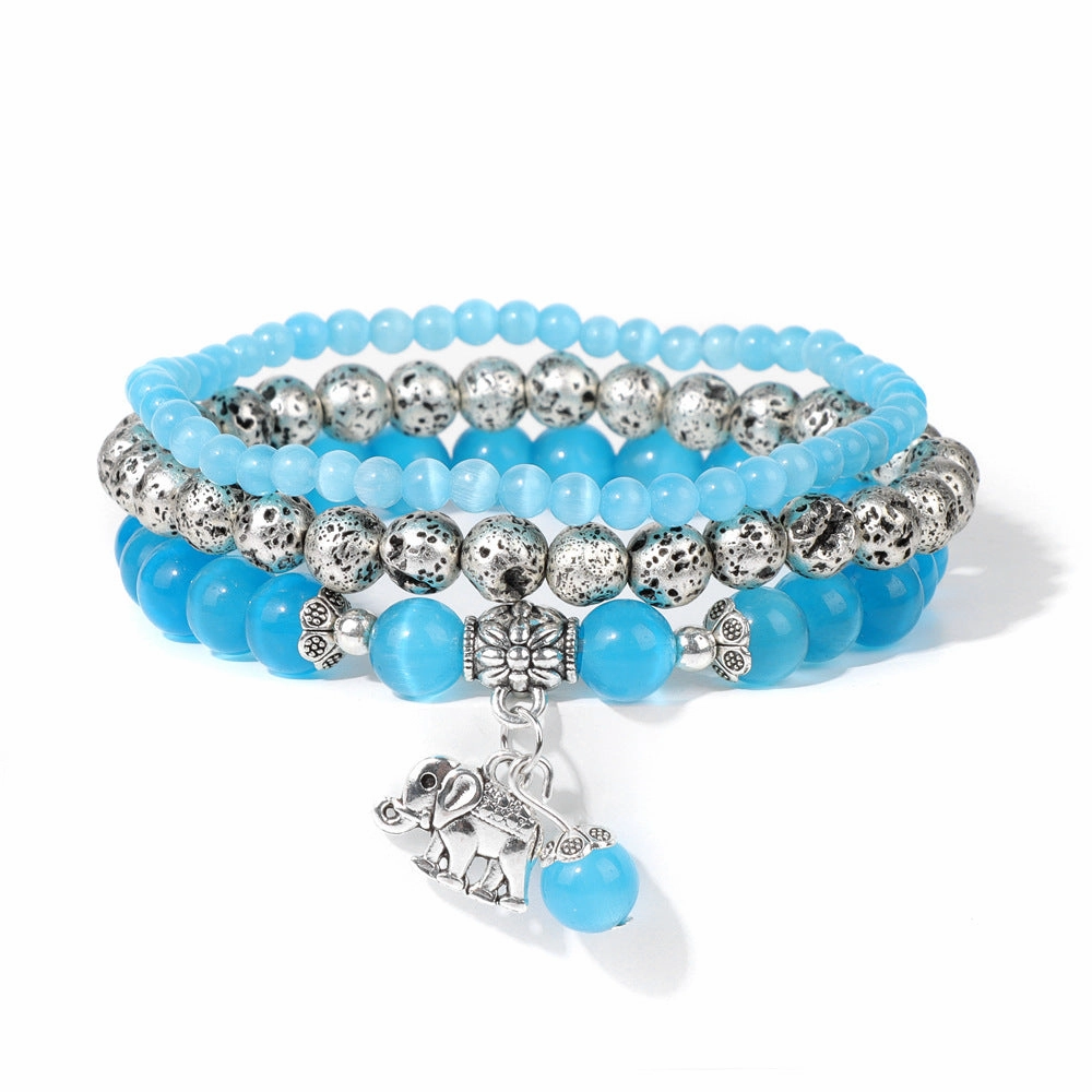 Wholesale Natural Stone Beads Electroplated Volcanic Stone Beads Elephant Pendant Three Layers Bracelet