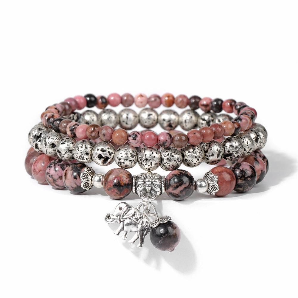 Wholesale Natural Stone Beads Electroplated Volcanic Stone Beads Elephant Pendant Three Layers Bracelet
