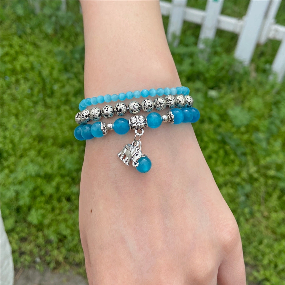 Wholesale Natural Stone Beads Electroplated Volcanic Stone Beads Elephant Pendant Three Layers Bracelet