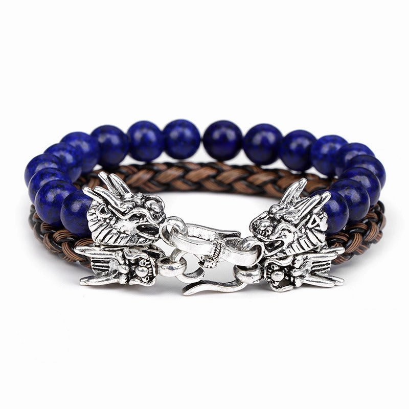 Wholesale Natural Stone Beads Leather Cord Double Layer Alloy Faucet Bracelet