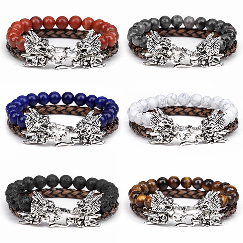 Wholesale Natural Stone Beads Leather Cord Double Layer Alloy Faucet Bracelet