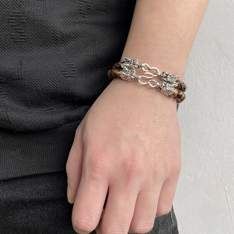 Wholesale Natural Stone Beads Leather Cord Double Layer Alloy Faucet Bracelet