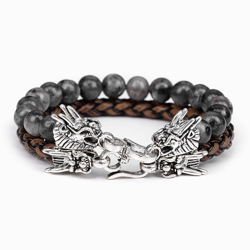 Wholesale Natural Stone Beads Leather Cord Double Layer Alloy Faucet Bracelet