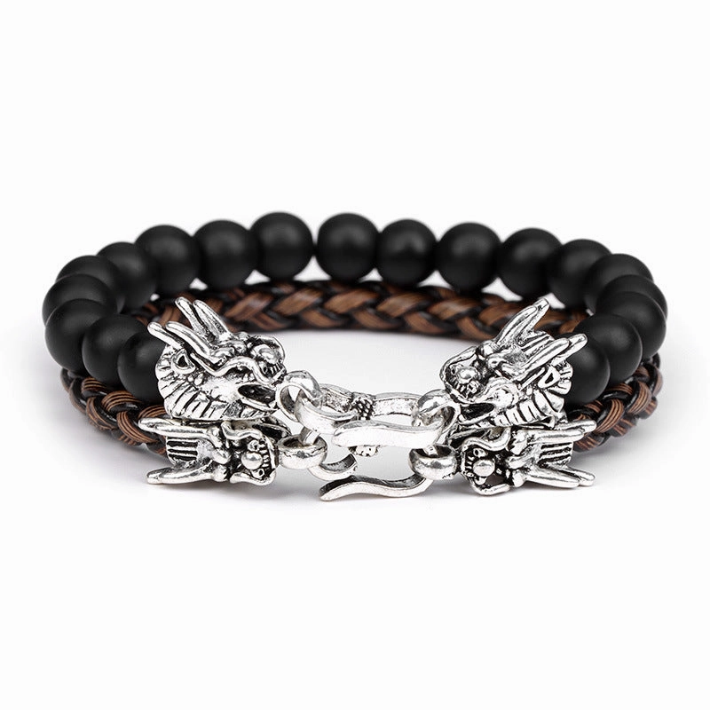 Wholesale Natural Stone Beads Leather Cord Double Layer Alloy Faucet Bracelet