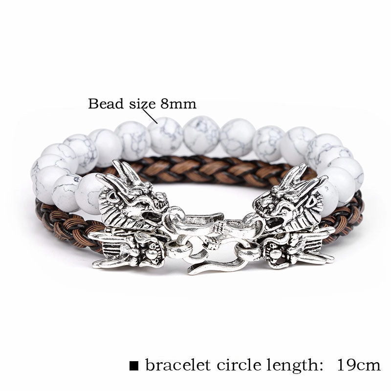 Wholesale Natural Stone Beads Leather Cord Double Layer Alloy Faucet Bracelet