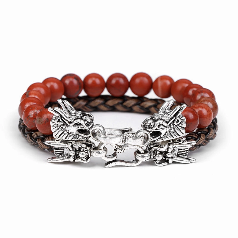 Wholesale Natural Stone Beads Leather Cord Double Layer Alloy Faucet Bracelet