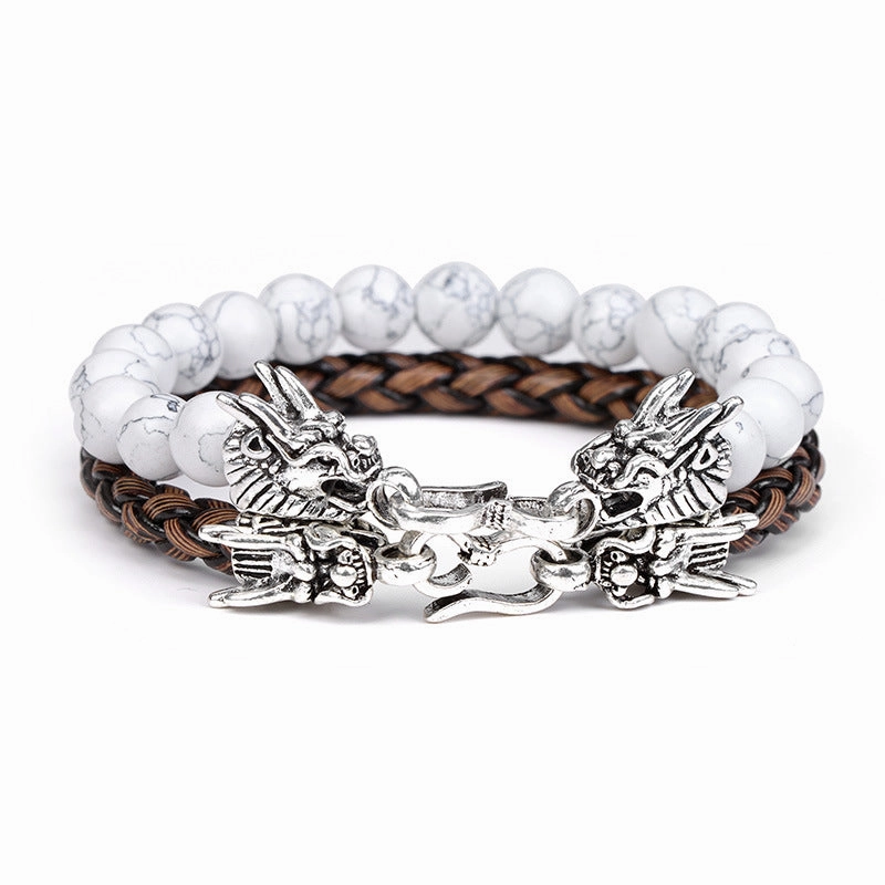 Wholesale Natural Stone Beads Leather Cord Double Layer Alloy Faucet Bracelet