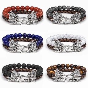 Wholesale Natural Stone Beads Leather Cord Double Layer Alloy Faucet Bracelet