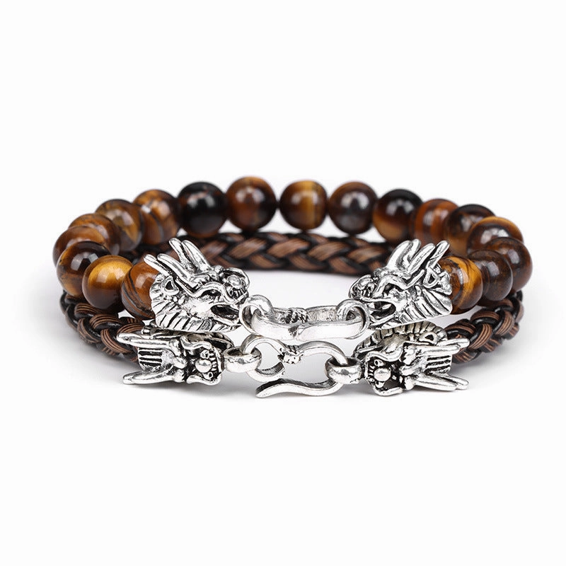 Wholesale Natural Stone Beads Leather Cord Double Layer Alloy Faucet Bracelet