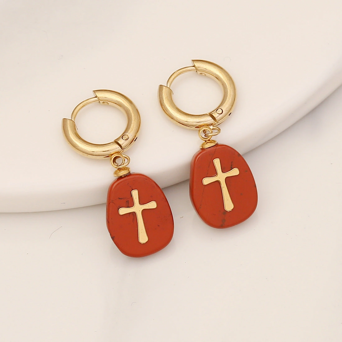 Wholesale Natural Stone Cross Stainless Steel Earrings