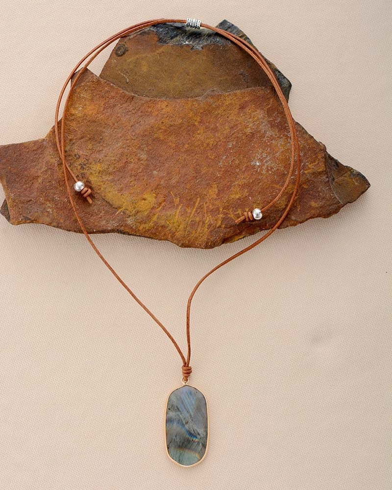 Wholesale Natural Stone Geometric Pendant Cowhide Rope Necklace