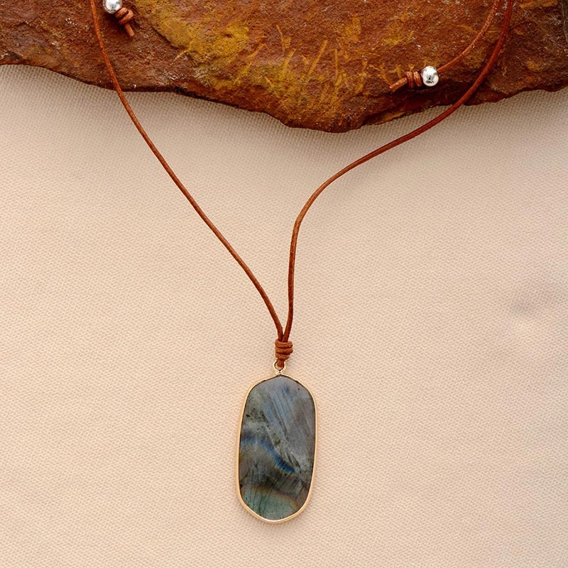 Wholesale Natural Stone Geometric Pendant Cowhide Rope Necklace