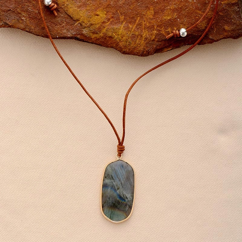 Wholesale Natural Stone Geometric Pendant Cowhide Rope Necklace