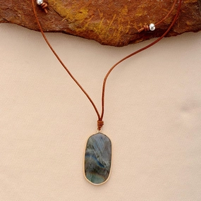 Wholesale Natural Stone Geometric Pendant Cowhide Rope Necklace