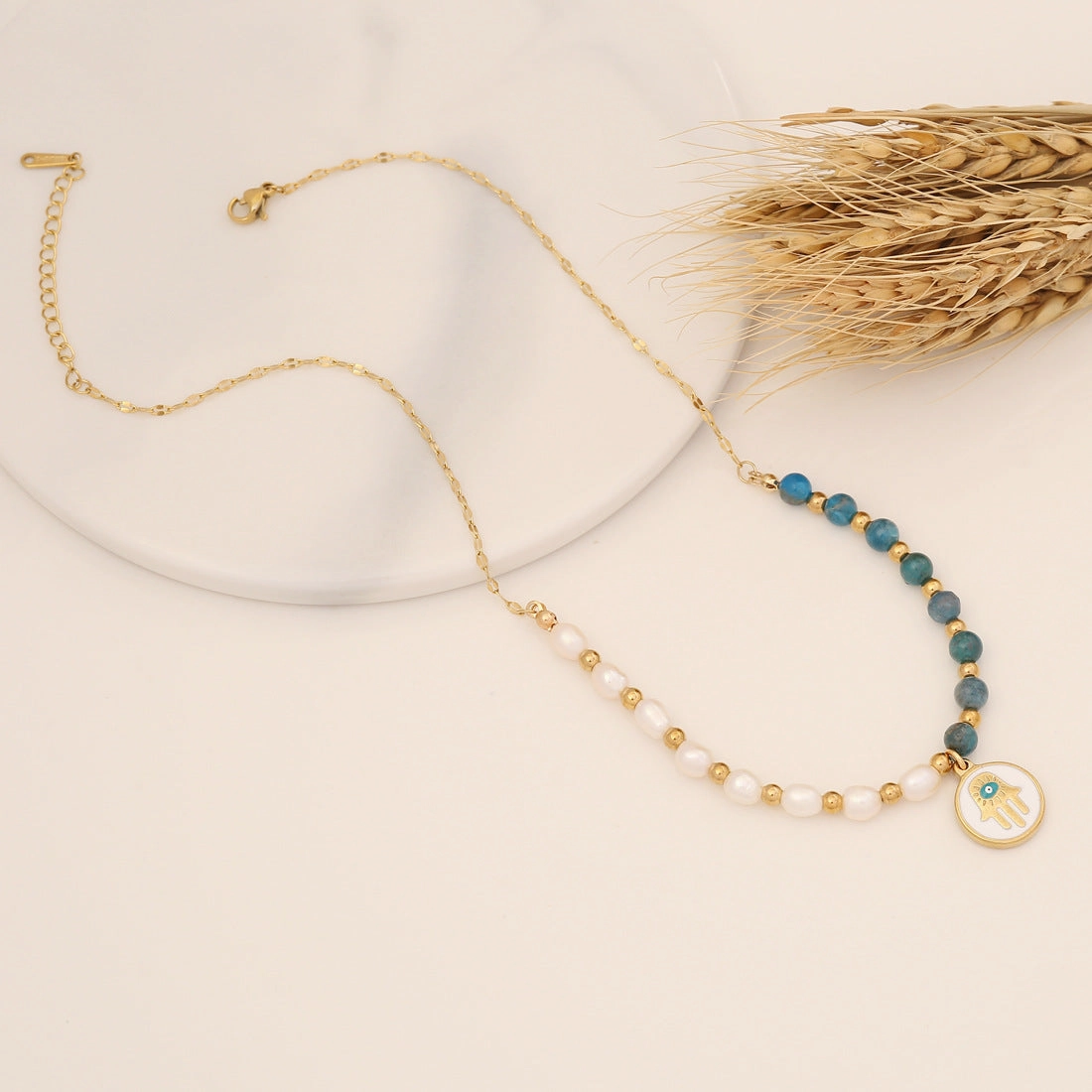 Wholesale Natural Stone Personality Palm Pendant Pearl Stainless Steel Bracelet