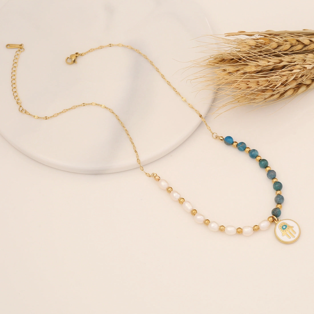 Wholesale Natural Stone Personality Palm Pendant Pearl Stainless Steel Bracelet