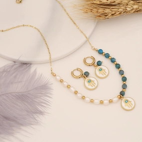 Wholesale Natural Stone Personality Palm Pendant Pearl Stainless Steel Bracelet