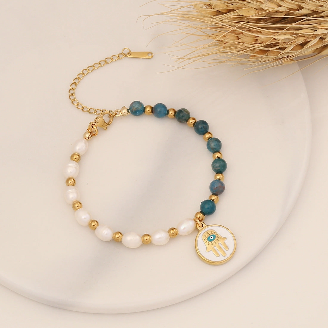 Wholesale Natural Stone Personality Palm Pendant Pearl Stainless Steel Bracelet