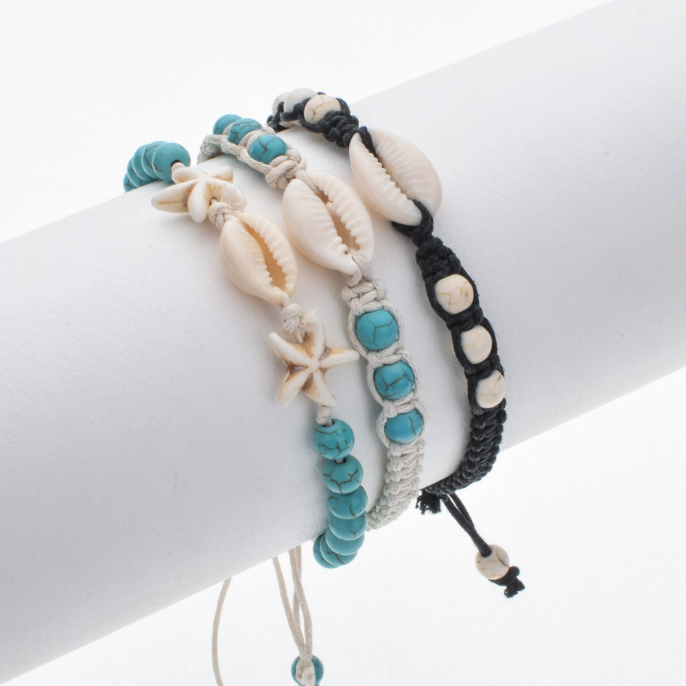 Wholesale Natural Stone Shells Handwoven Adjustable Wax Rope Bracelet