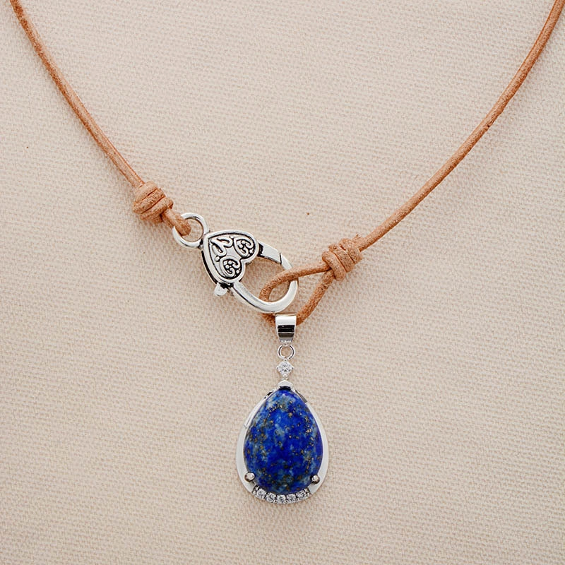 Wholesale Natural Stone Water Drop Pendant Cowhide Rope Necklace