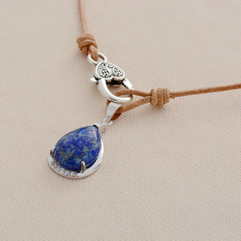 Wholesale Natural Stone Water Drop Pendant Cowhide Rope Necklace